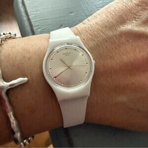 Swatch Watch White Band Rose Gold Face